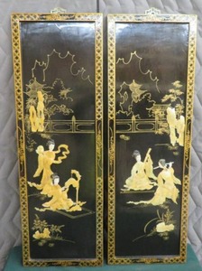 lot 10 image: ANTIQUE ORIENTAL BLACK LACQUER PICTURES MOTHER OF PEARL