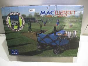 lot 675 image: Mac Sports Heavy Duty Steel Frame Collapsible Folding 150 Pound Capacity Outdoor Garden Utility Wagon Yard Cart with Table and Cup Holders, Blue