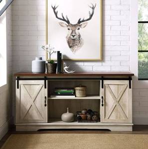 lot 690 image: 58 Modern Farmhouse Sliding Barn Door TV Stand Media Console Entertainment Center in White Oak - Walker Edison W58SBDWO