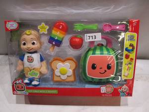lot 713 image: New Cocomelon JJ PLUSH Doll Eat Lunch Play Lunchbox Popsicle Spoon 16 Piece Set