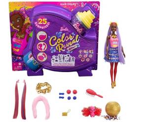 lot 731 image: NEW Barbie Color Reveal Glitter Hair Swaps Doll, Glittery Pink with 25 Hairstyling & Party-Themed Surprises Including 10 Plug-in Hair Pieces, Gift for Kids 3 Years Old & Up