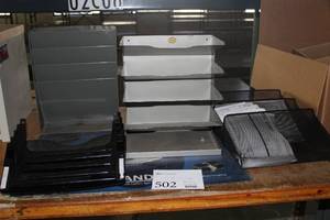 lot 502 image: Lot of (4) Wall-Mount File Holders with Box of Misc. Items