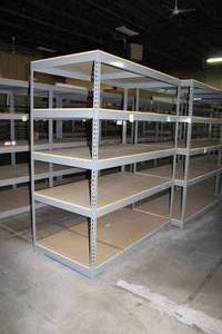 lot 446 image: Lot of (2) Heavy Duty Wood ShelvingMetal Industrial Racking