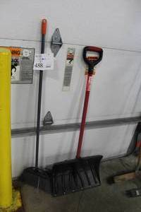 lot 488 image: Lot of (3) Hand Tools - (2) Brooms, (1) Shovel