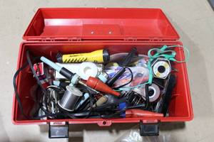 lot 518 image: Tuff Box Tool Box w Hand Tools, Corded Tools, Misc. Tape, Flashlight, Static Charge Strap, Misc. Hardware