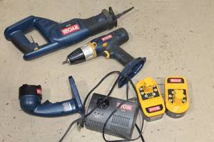 lot 525 image: Ryobi 18V Cordless Reciprocating Saw, Drill, Flashlight with Battery Charger and (2) 18V Batteries