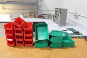 lot 532 image: Lot of (21) Plastic Stackable Parts Organizer Bins
