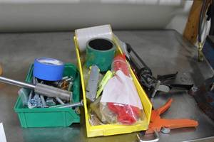 lot 554 image: Hand Tools, Hardware, Parts Bins, Caulk Guns, Box Cutter, Tape