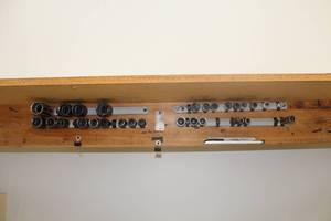 lot 558 image: Lot of (4) Socket Sets with Wood Wall-Mount Socket Holder