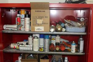 lot 567 image: Contents of Flammable Storage Cabinet - Paints, Solvents, Insulation, Various Chemicals