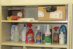 lot 575 image: Contents of Storage Cabinet - Cleaning Chemicals