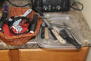 lot 636 image: Lot of  Kitchen Utensils - Knives, Forks, Spoons, Candy Dish, Misc. Items