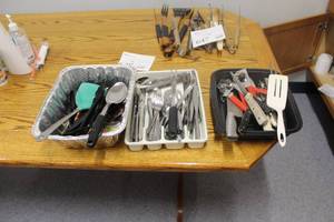 lot 648 image: Lot of (3 Totes) Kitchen Utensils,  Flatware Sets, Misc. Kitchenware