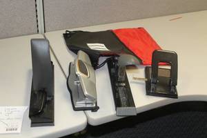 lot 705 image: Lot of (5) Office Supplies - 2-Hole Punch, 3-Hold Punch (x2), Stapler, Bag