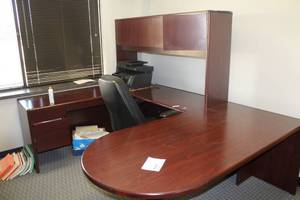 lot 777 image: Office Desk Set with Desk, Bookcase, Side Table, Rolling Office Arm Chair