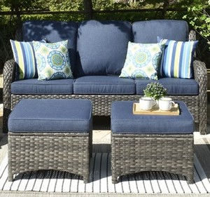 XIZZI Patio Furniture Conversation Set All Weather Wicker High Back Couch with Ottomans, Grey Wicker Denim Blue, 3 PCS, GRS300K-1AJ