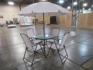Outsunny 6-Piece Metal Round Outdoor Dining Furniture Set and Umbrella with 4-Folding Dining Chairs and Glass-Top Dinner Table NICE CONDITION