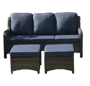 OVIOS Kenard Gray 3-Piece Wicker Outdoor Patio Set with Denim Blue Cushions - 3-Seat Sofa and 2 Ottomans - Has some shipping damage on wicker.