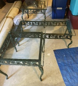 lot 331 image: Three Wrought Iron Patio Tables with Glass Tops