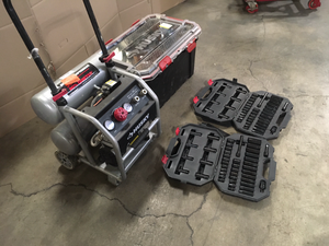 Mix Lot of assorted Husky Shop Equipment, 4.5 Gal Compressor, Hardware, Storage box- Customer Returns, Review all pictures