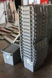 lot 33 image: Lot of (16) Commercial Plastic Flip-Lid Totes