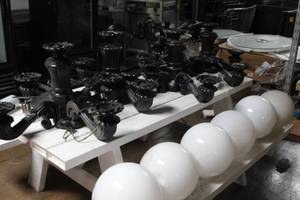 lot 58 image: Lot of (4) 4-light Chandeliers with (6) White Plastic Globes