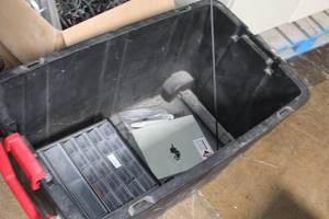 lot 70 image: Lot of (3) Misc. Items - Security Box w Key, Plastic Parts Cabinet w Contents, Black Plastic Tote wo lid