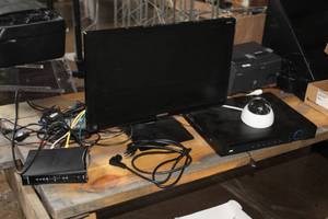 lot 78 image: Surveillance System with Samsung Computer Monitor, Cables, Mouse, Power Cords, Modem, Network Video Recorder NVR4204-P-ADT-2, Camera