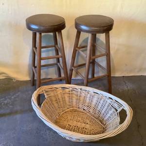 2 Stools and Woven Laundry Basket
