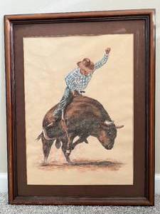 lot 7 image: Cowboy Riding Bull - Original Colored Drawing