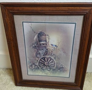 lot 64 image: Vintage Framed, Matted Print of Mailbox with Mama Bird and Her Babies