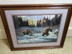 lot 94 image: Framed and Matted Print by Manuel Mansanerez, 1986, Alaskan Bears Fishing