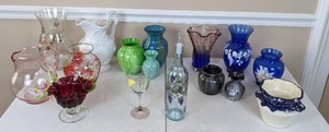 lot 69 image: Assortment of Multicolored and Hand-Painted Glass and Ceramic Vases, Pitchers, Oil Dispenser and 1 Wine Glass