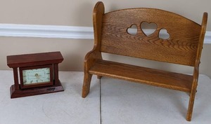 lot 77 image: Wooden Mantel Clock and Small Decorative Country Heart Cutout Bench
