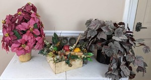 lot 81 image: Artificial Flowers Large Poinsettia, Cute Kitchen Arrangement (Must See), and Ivy in a Basket