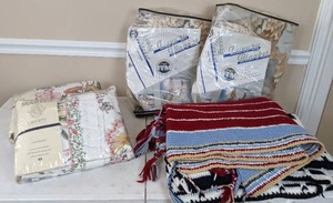 lot 75 image: Assorted Linens 2 Crocheted, Striped, Afghans, 2 Luxury Blankets-Plush Duck Themed, and Pair of Floral Martex Lined Drapery