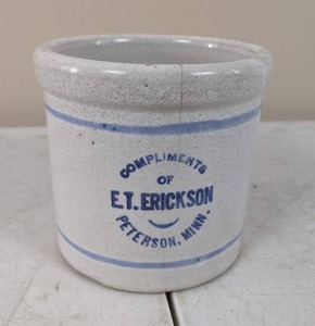 lot 97 image: Vintage Small Ceramic Crock Circa 1910 Compliments of E.T. Erickson, Peterson, Minn.