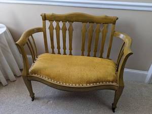lot 15 image: Antique Upholstered Wood Frame Love Seat or Bench Seat