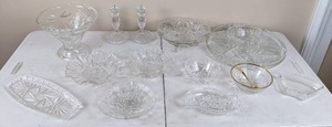lot 39 image: Collection of GlassCrystal Serving Pieces (Condiment Tray, Bowls, Candlestick Holders and More)