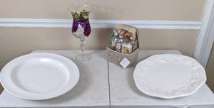 lot 22 image: Two Large White Serving Platters, Handpainted VaseWine Glass and NEW Bath Gift Set