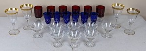 lot 61 image: 24 Piece Collection of Festive Vintage Red, White (Clear) & Blue Glassware