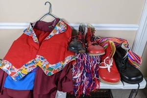 lot 65 image: Assortment of Clown Costumes and Two Pair of CAB Size 10 Clown Shoes