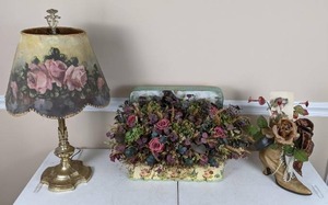 lot 50 image: Antique Classique Lamp with Painted Fabric Shade, Dried Flower Arrangement in a Case and one in a Vintage Ladies Boot