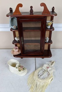 lot 37 image: Vintage Small Tabletop Curio Cabinet with a Variety of Items, Ceramic Baby Booty and Potpourri Sachet