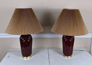 lot 62 image: Vintage Pair of Deep Red Table Lamps with Tan Pleated Shades