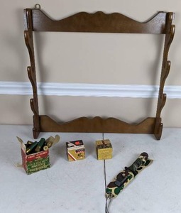 lot 25 image: Wooden Wall Mounted Gun Rack, Hunting Knife with Sheath, 3 Boxes of  Ammo