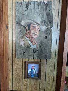 lot 5 image: Framed Print of John Wayne and Relief Style John Wayne Portrait on Wood Panel
