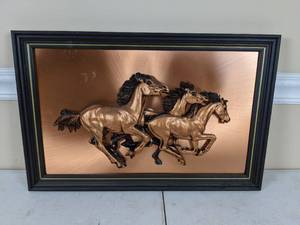 lot 11 image: Framed Copper Relief Plaque of 3 Horses