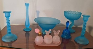 lot 107 image: Vintage 9 Piece Collection of Satin Glass Plus 1 Blue Bell (Tiffin, Westmoreland, Fenton, Indiana Glass, and More)