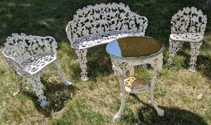 lot 115 image: 4 Piece Wrought Iron Garden Furniture 2 Chairs, Bench and Glass Topped Table